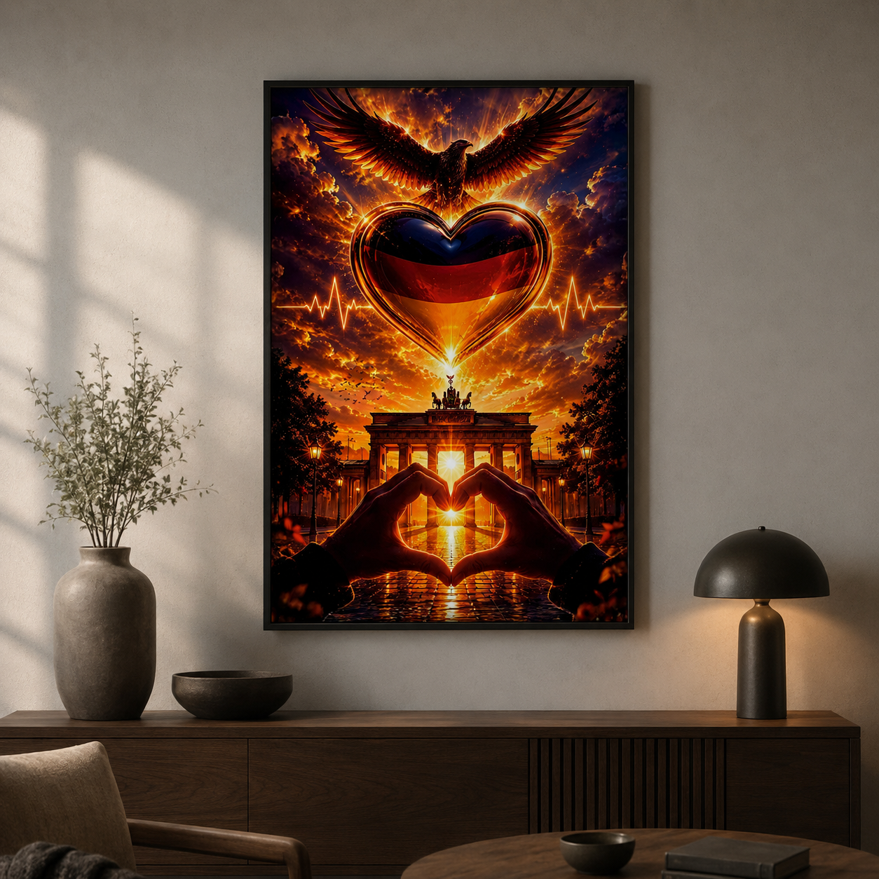Wohnraum-Mockup des Posters Deutschland im Herzen im Format 40 × 60 cm; Rahmen nicht enthalten