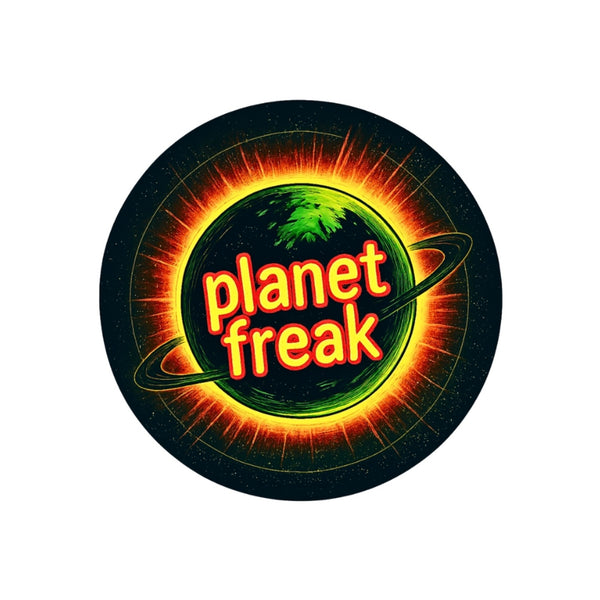 Planet-Freak Hauptlogo mit Planet, leuchtendem Schriftzug und Ring